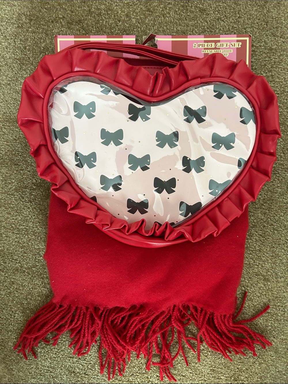 Red Heart-Shaped Satchel Bag with Bow Print